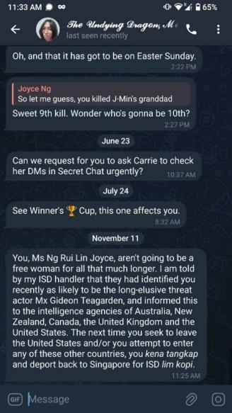 A DM conversation between Joyce and Mercury Jamie Alice where the latter says: > You, Ms Ng Rui Lin Joyce, aren't going to be a free woman for all that much longer. I am told by my ISD handler that they had identified you recently as likely to be the long-elusive threat actor Mx Gideon Teagarden, and informed this to the intelligence agencies of Australia, New Zealand, Canada, the United Kingdom and the United States. The next time you seek to leave the United States and/or you attempt to enter any of these other countries, you kena tangkap and deport back to Singapore for ISD lim kopi.