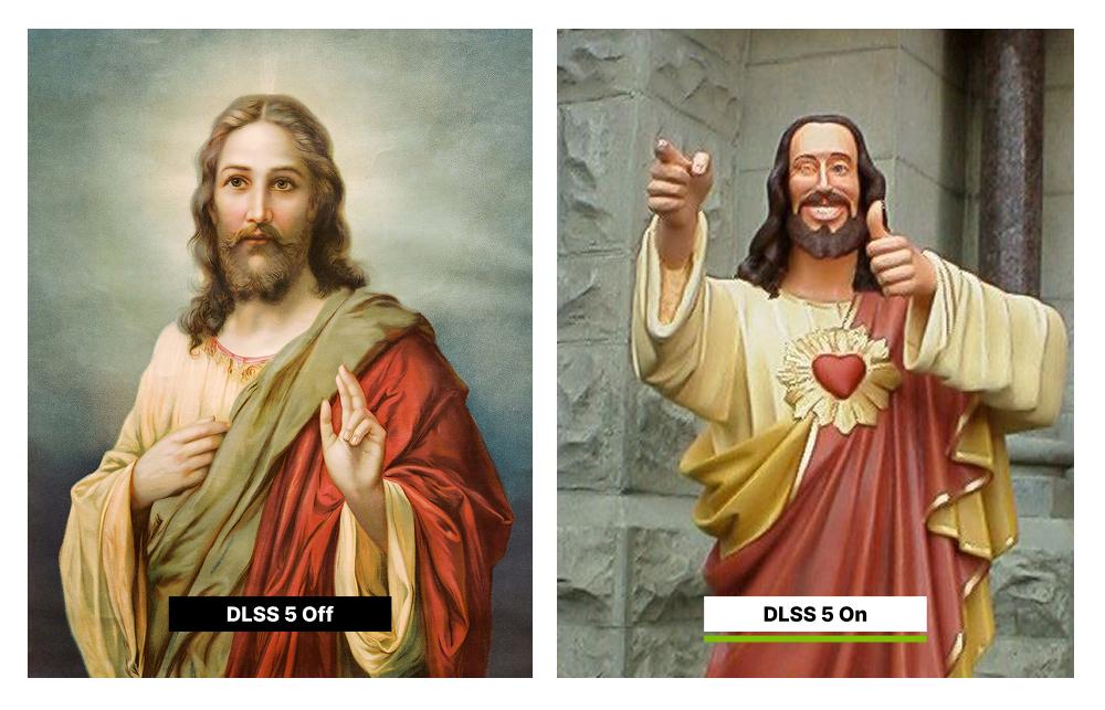 DLSS 5 Off/On with Jesus from normal painting on the Off side and smiling Buddy Jesus from the movie Dogma on the On side