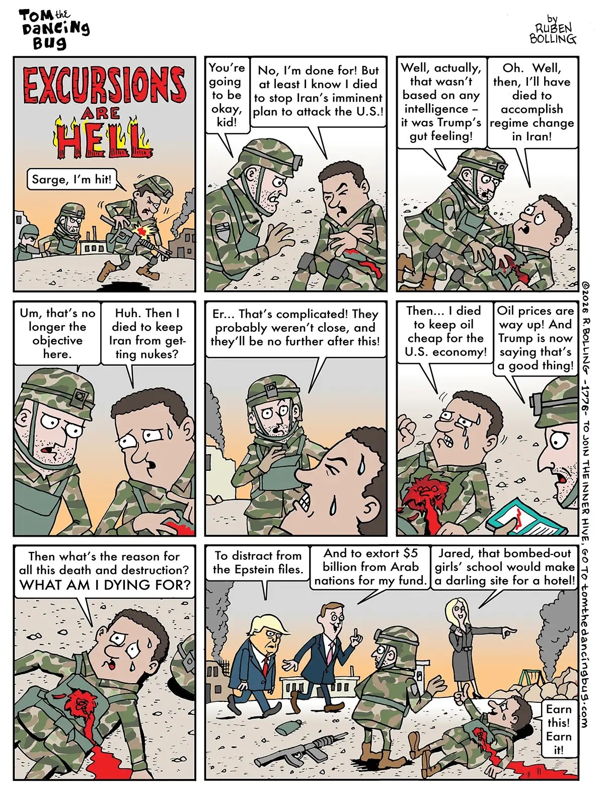 comic: us soldier is shot in iran, he wonders what he is dying for, the Trump family strolls by and says it was to distract from the Epstein files and to make Jared richer.