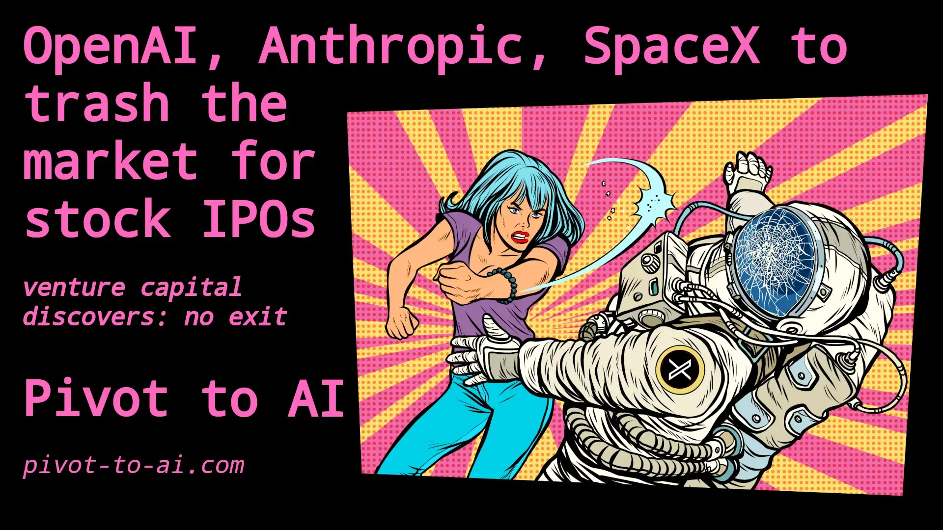 woman with blue hair punches astronaut with X logo on his arm so hard his faceplate shatters. So much for the tolerant left (hook).