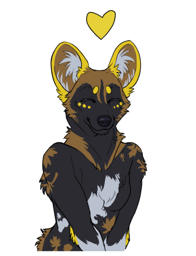 A simple, waist-up flat color digital drawing of an anthropomorphic African wild dog character. She is smiling warmly and has a yellow heart above her head.