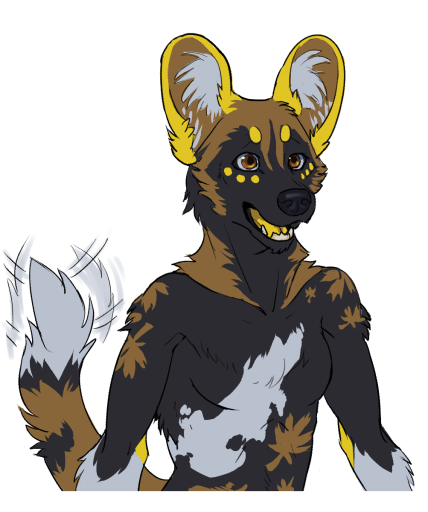 A simple, waist-up flat color digital drawing of an anthropomorphic African wild dog character. She is looking up excitedly with a wagging tail and slightly open mouth.