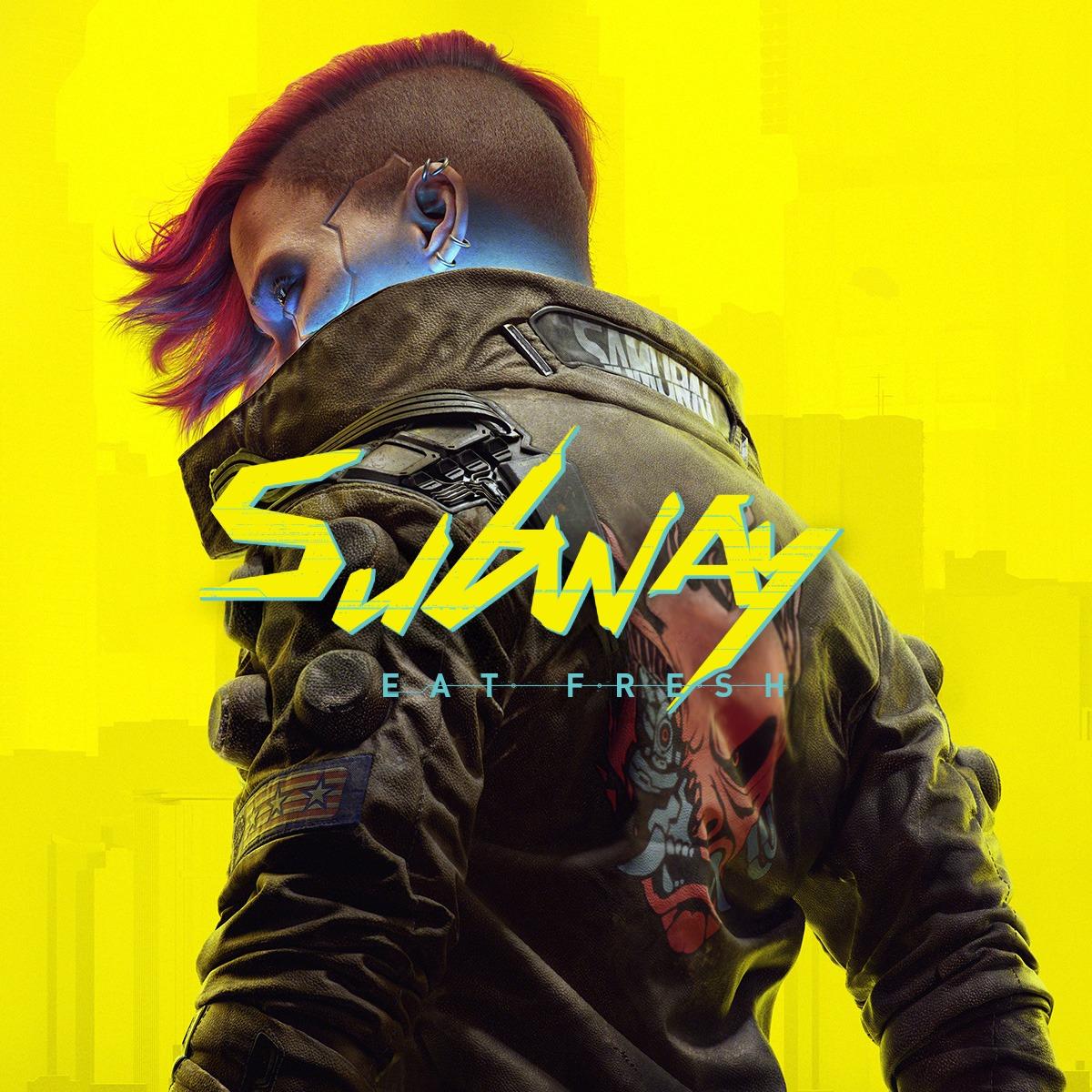 Cyberpunk 2077 font and character but the text says Subway: Eat Fresh