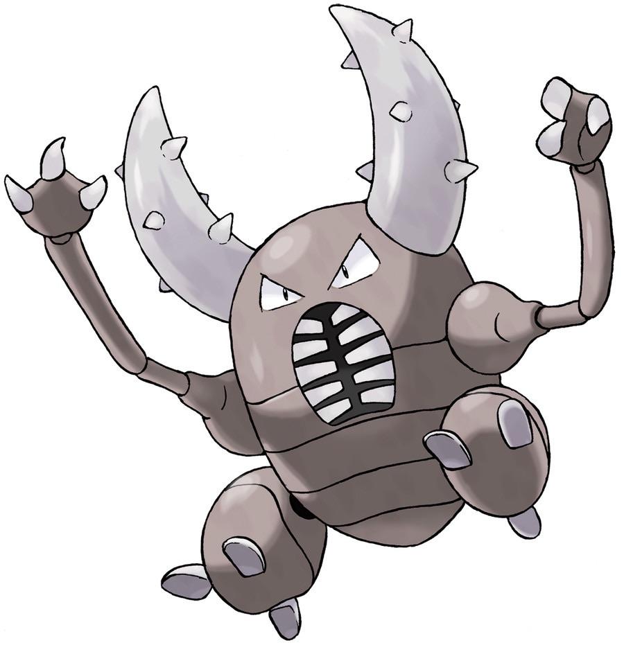 The Pokemon Pinsir, a brown insect like Pokemon with barbed horns and a vertical mouth with teeth growing sideways.