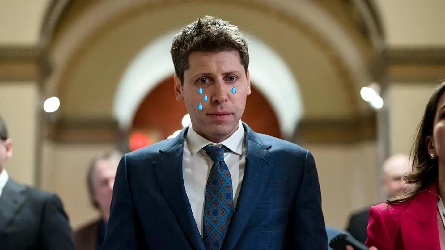 Sam Altman just before a Senate hearing, wearing a suit his mum picked for him, crying four deliciously bitter tears from 50c worth of donations to Pivot to AI, for the maximal utilitarian good of humanity across the quantum waveform of the universe