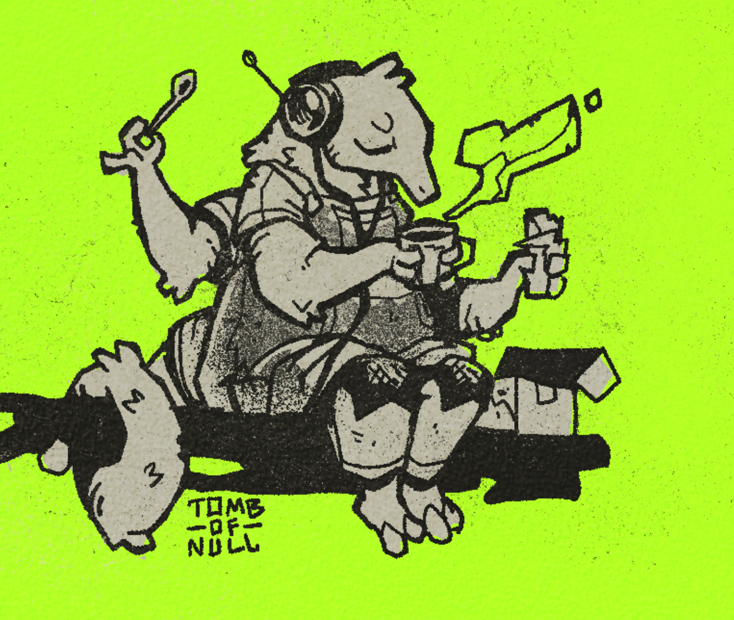 An illustration of an anthro silky anteater with an extra set of synthetic arms sitting on a branch like structure having a tea and a sandwich wrap. She is in work gear and listening to music.
