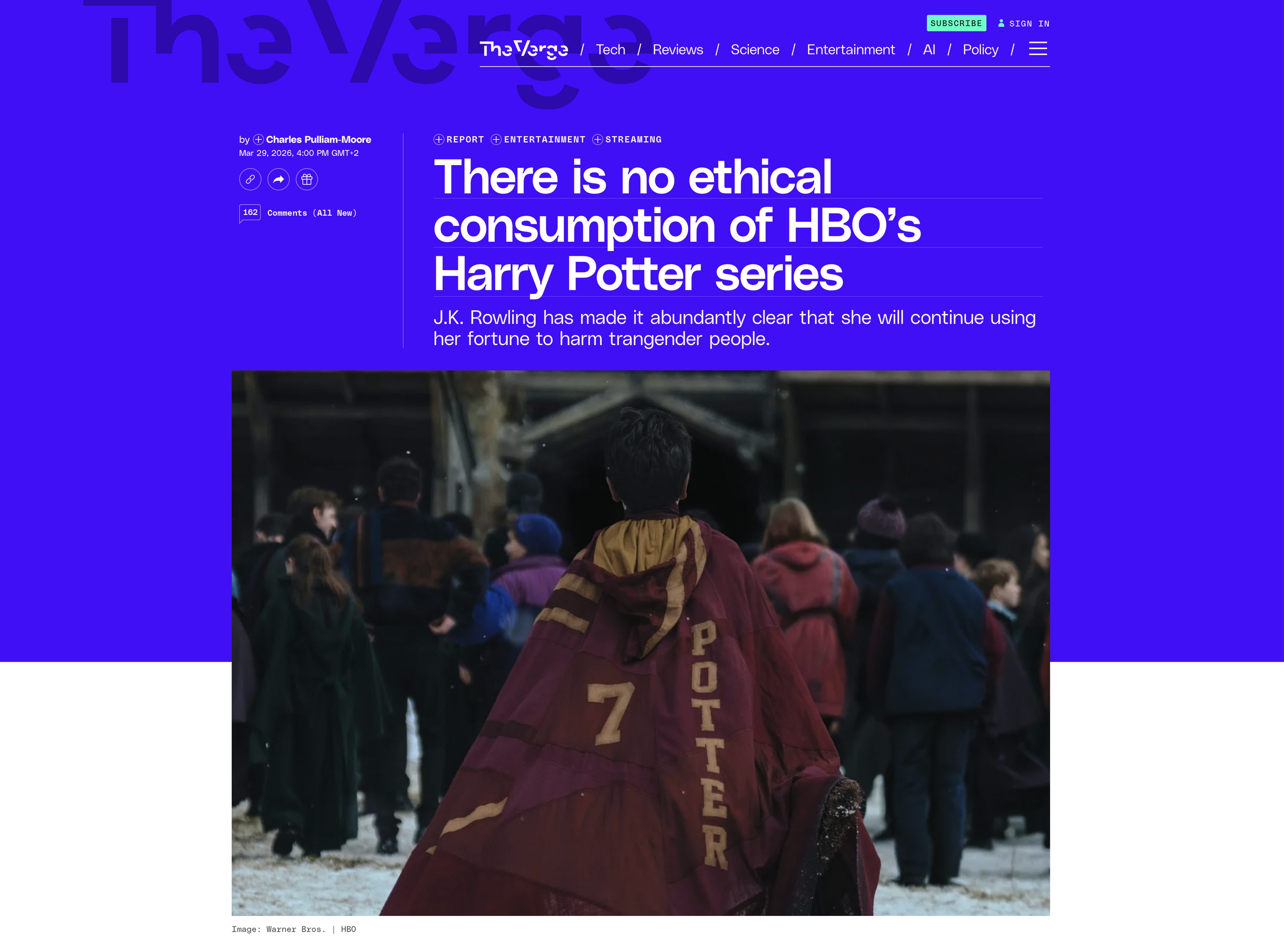 A piece by The Verge titled “There is no ethical consumption of HBO’s Harry Potter series”, written by Charles Pulliam-Moore, on March 29th 2026
