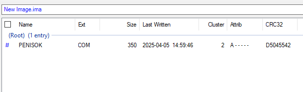a screenshot of the disk image software DiskImageTool showing a disk image with a single filename : "PENISOK.COM".   Look, I just work here.