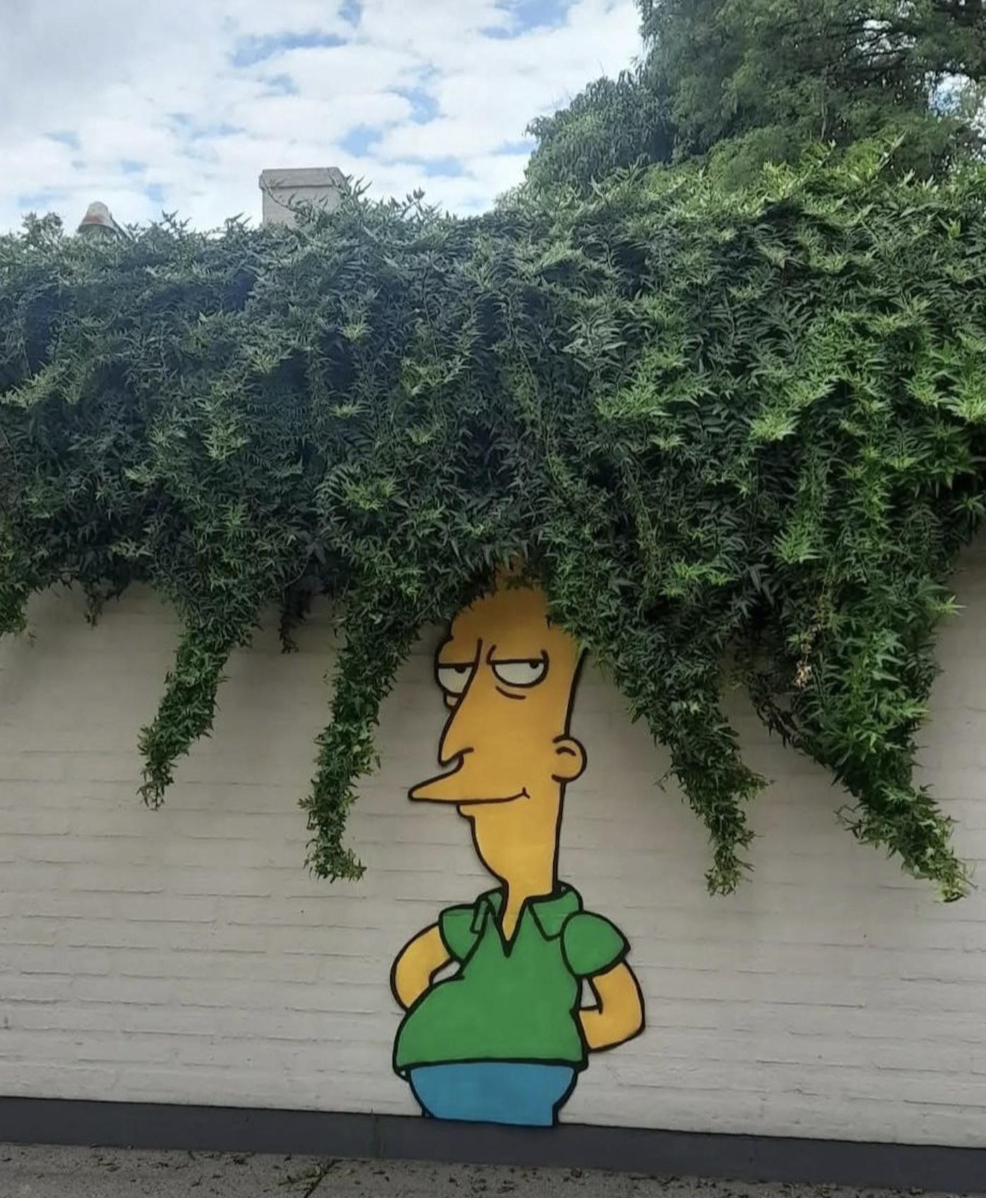 Street art mural by Marquitos Corvalán depicting Sideshow Bob from The Simpsons painted on a white brick wall, with thick green hanging plants above cleverly forming his wild, spiky hair. The character stands with a smug expression, wearing a green shirt and blue pants, while the natural foliage blends seamlessly into the artwork, creating a playful illusion where nature becomes part of the design.