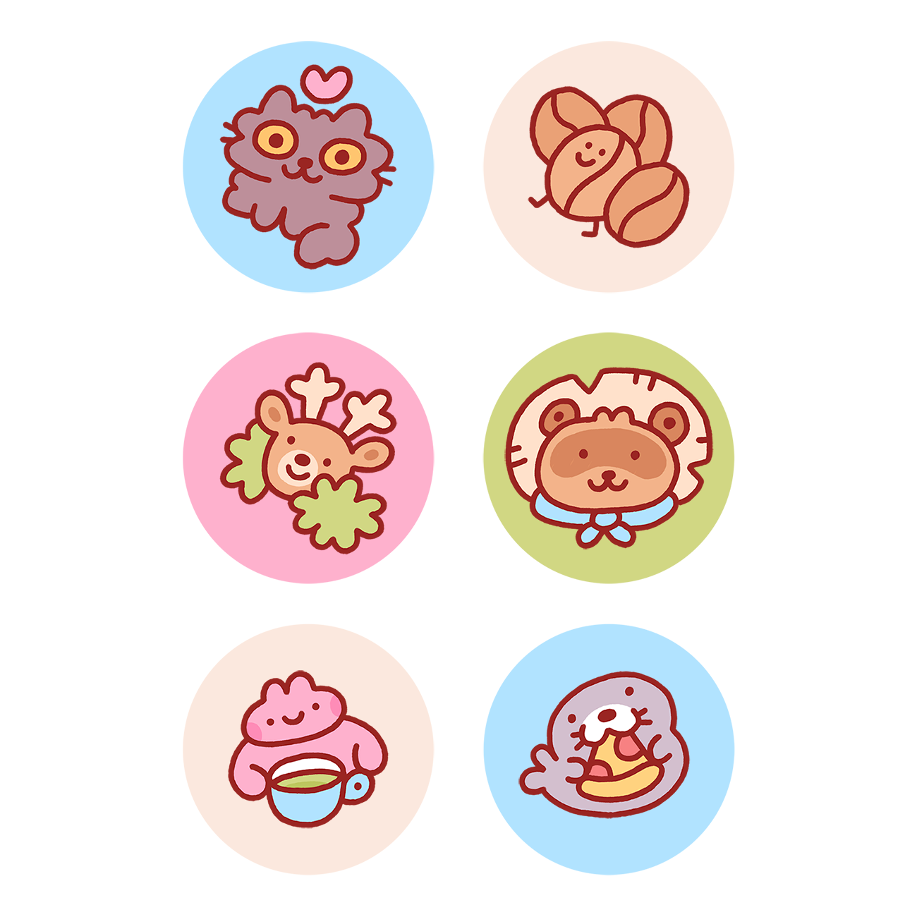 6 cute colourful user icons i've drawn today, mostly featuring cute animals