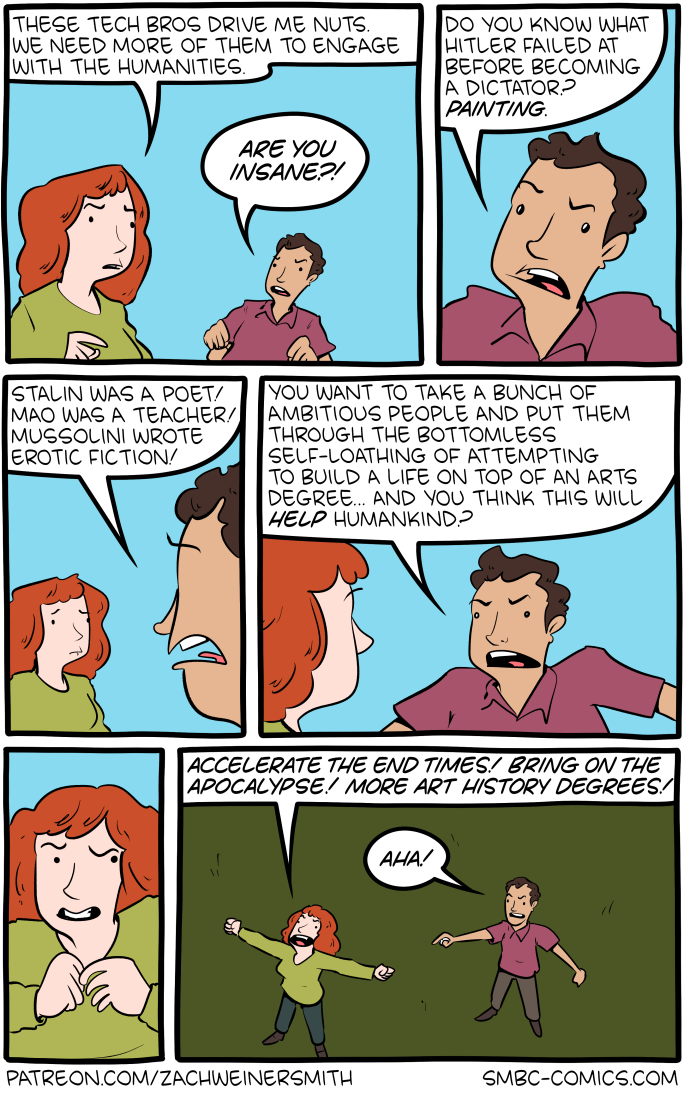 Cartoon reminding us of all the horrors poets, artists, and teachers have brought into the world, unlike us kindly science folk.