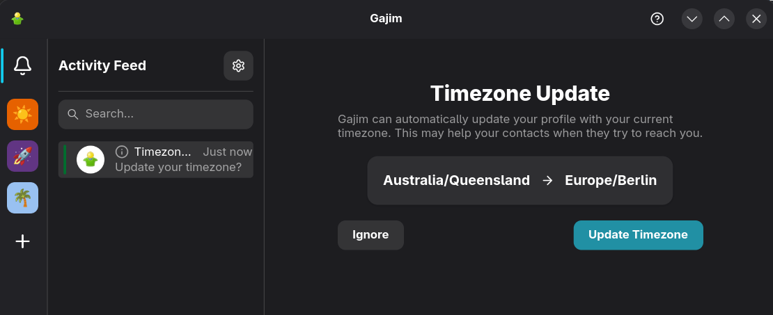 Gajim's notification feed showing a notification for a timezone update
