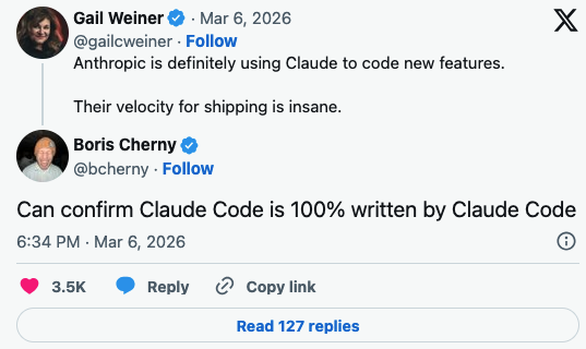 twitter thread between GailWeiner and Boris Cherny (head dev of claude code) on March 6, 2026 Anthropic is definitely using Claude to code new features. Their velocity for shipping is insane. Boris: Can confirm Claude Code is 100% written by Claude Code