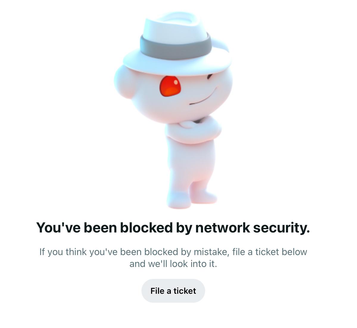 A screenshot of Reddit where I’ve been blocked for some reason by network security