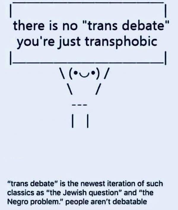 An image composed of text as would be displayed on a terminal in the eighties, or imagine it's typed  A stick figure holds up a sign that says "there is no trans debate, you're just transphobic" Underneath there's a caption: "trans debate"  is the newest version of such classics as "the Jewish question" and "the negro problem." People are not debatable.