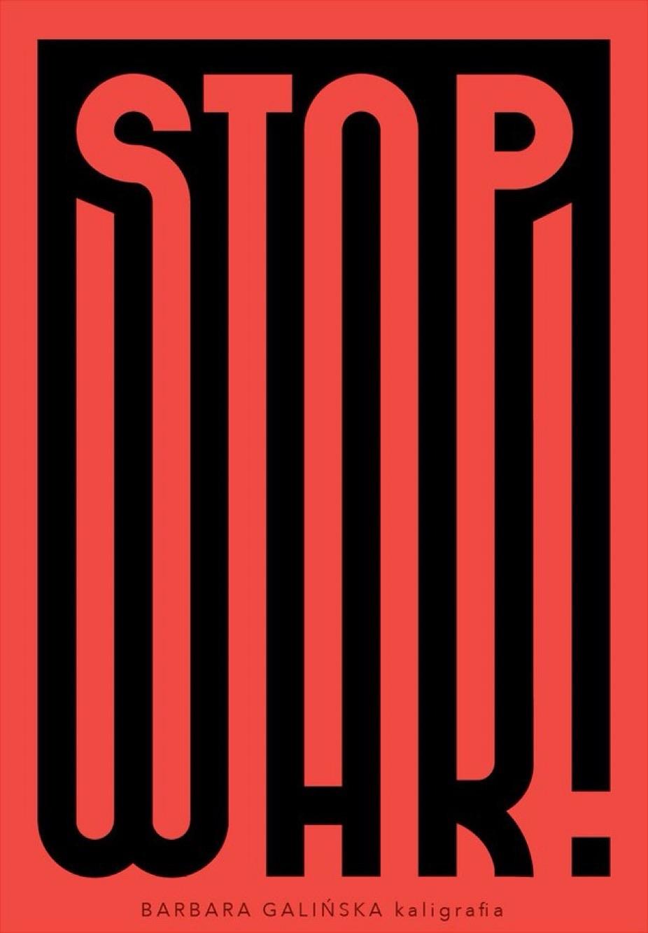 A graphic illustration featuring bold typography that reads "STOP WAR!" against a striking red background. The text is stylized with a mix of black and red colors, emphasizing a strong anti-war message.