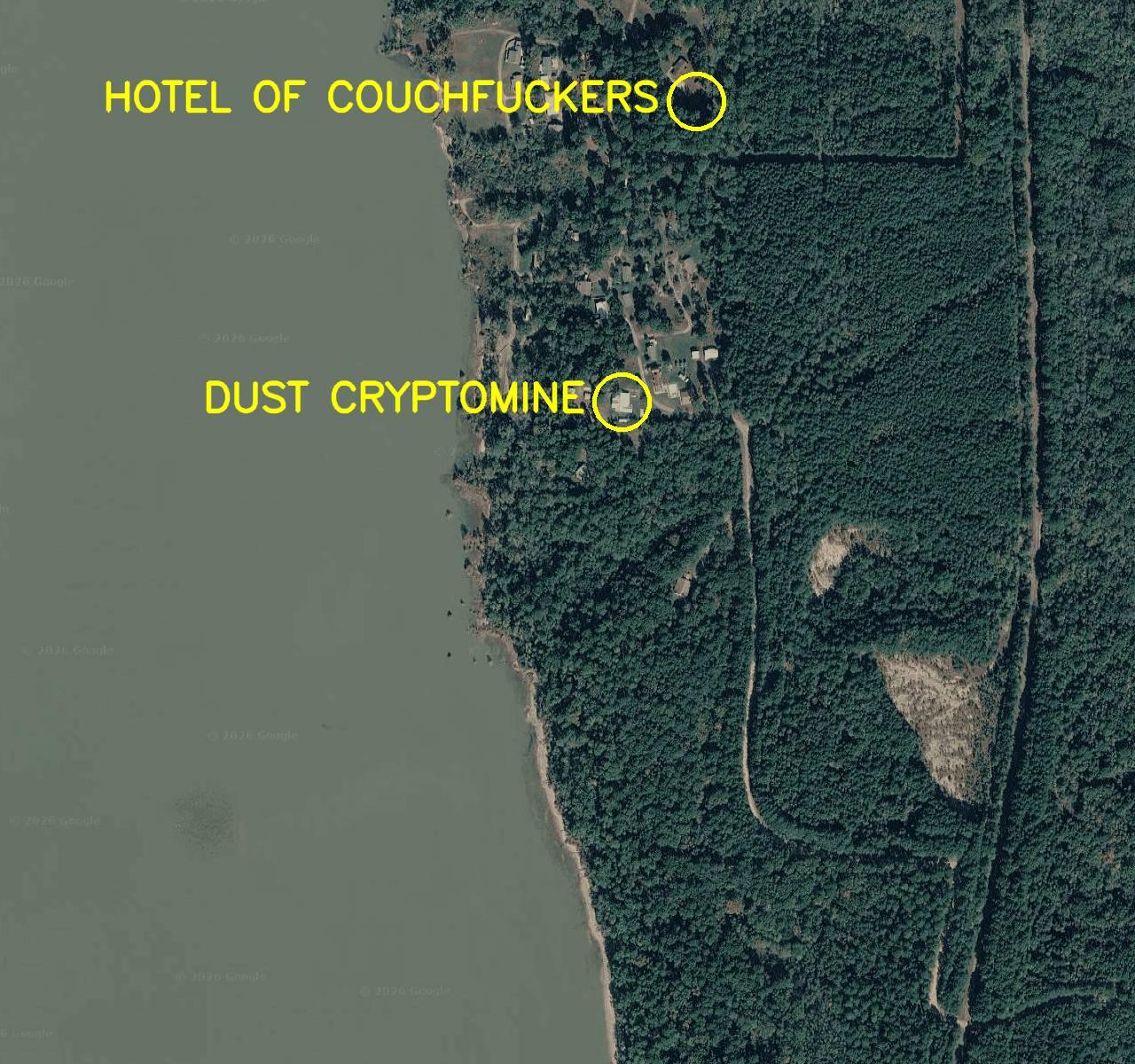 Aerial satellite photo labelled in bright yellow letters:  1. Dust Cryptomine 2. Hotel of Couchfuckers