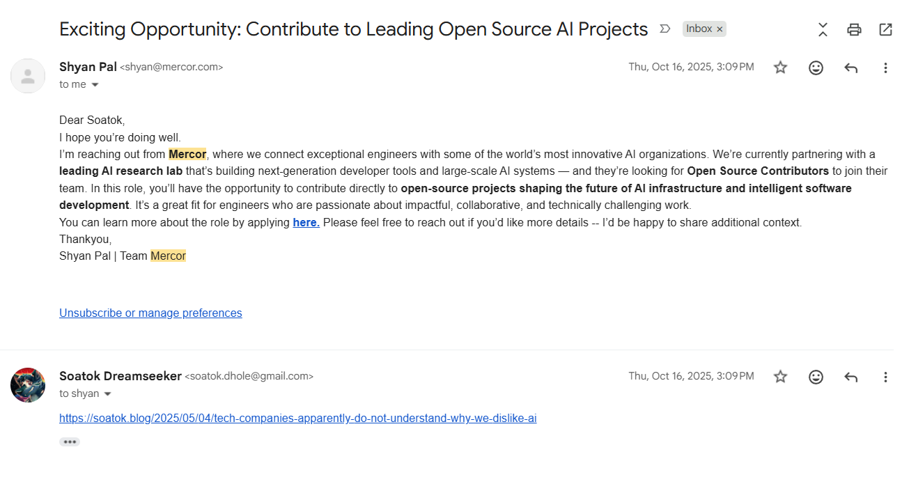 Recruiter spam from an AI company. I replied with a link to my anti-AI and anti-marketing posts.
