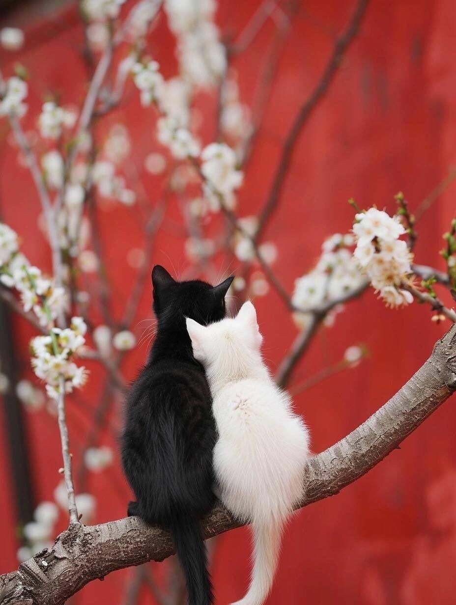 Very cute photo of two kittens, one black and one white, leaning against each other on a flowering tree branch while looking away from the camera. A red wall can been seen out of focus in the distance, giving the photo a beautiful contrast to the foreground.