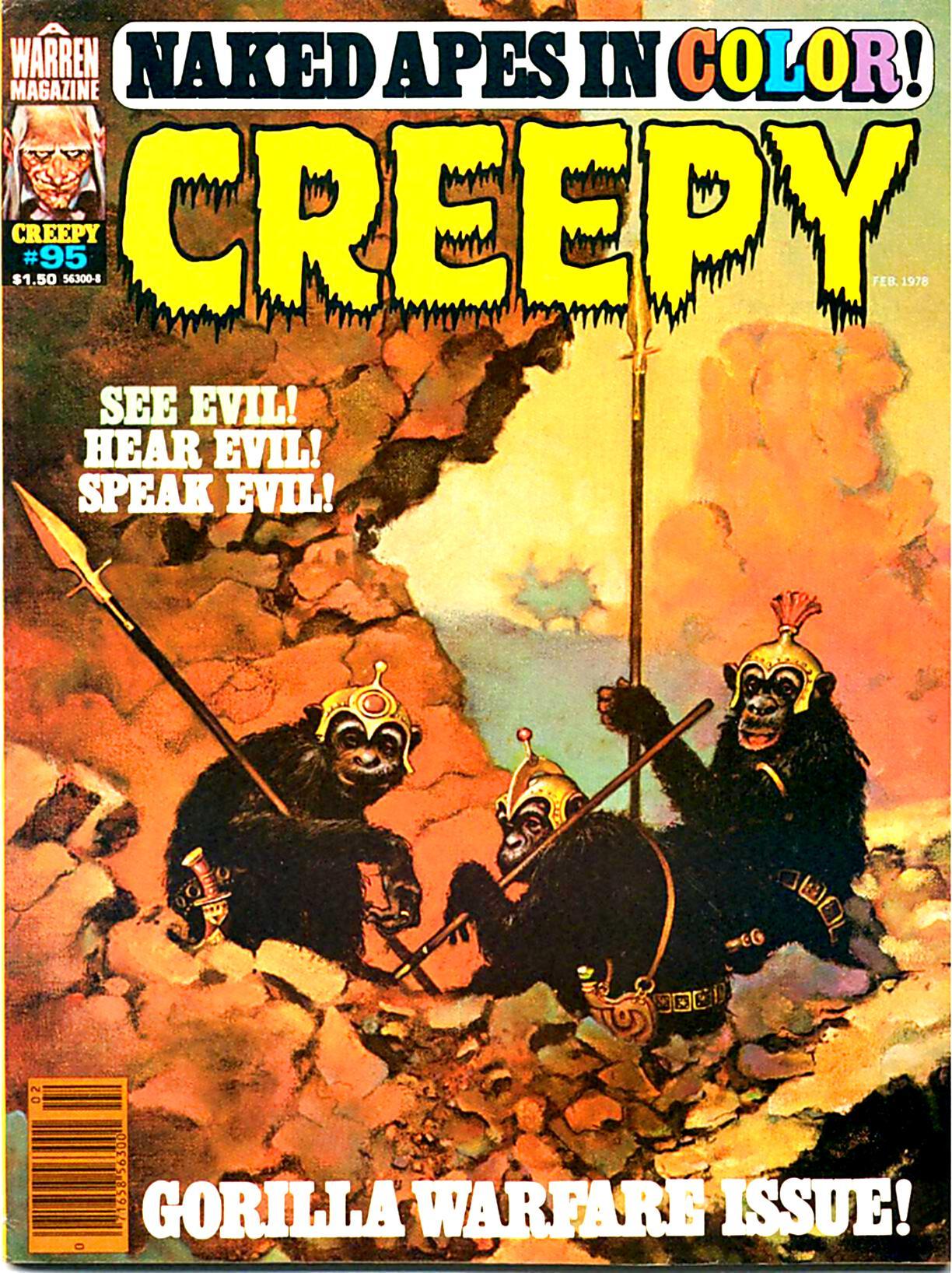 Three gorillas are seen holding spears and wearing helmets belts and shoulder straps, approximately roman-empire looking. The caption reads "See Evil! Hear Evil! Speak Evil!". Creepy magazine cover February 1978.