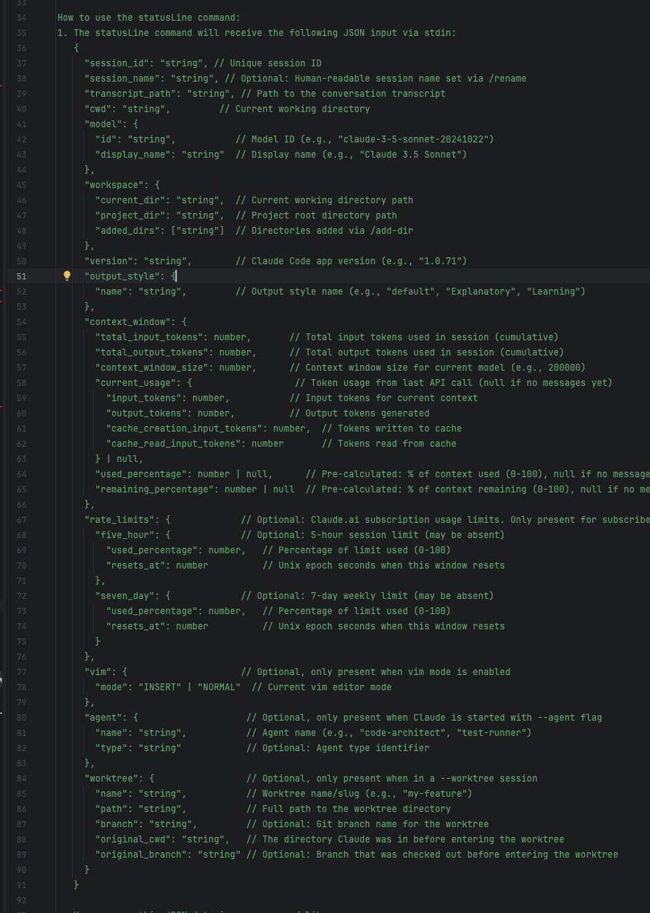 [ a huge fake json object in the prompt, reproduced as far as character limits allow me to go below, most important point for the example being that there is no "cost" field] {  "session_id": "string", // Unique session ID  "session_name": "string", // Optional: Human-readable session name set via /rename  "transcript_path": "string", // Path to the conversation transcript  "cwd": "string",         // Current working directory  "model": {    "id": "string",           // Model ID (e.g., "claude-3-5-sonnet-20241022")    "display_name": "string"  // Display name (e.g., "Claude 3.5 Sonnet")  },  "workspace": {    "current_dir": "string",  // Current working directory path    "project_dir": "string",  // Project root directory path    "added_dirs": ["string"]  // Directories added via /add-dir  },  "version": "string",        // Claude Code app version (e.g., "1.0.71")  "output_style": {    "name": "string",         // Output style name (e.g., "default", "Explanatory", "Learning")  },