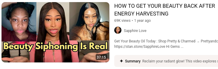 video card on youtube with three views of seemingly the same person. beauty siphoning is real. how to get your beauty back after energy harvesting