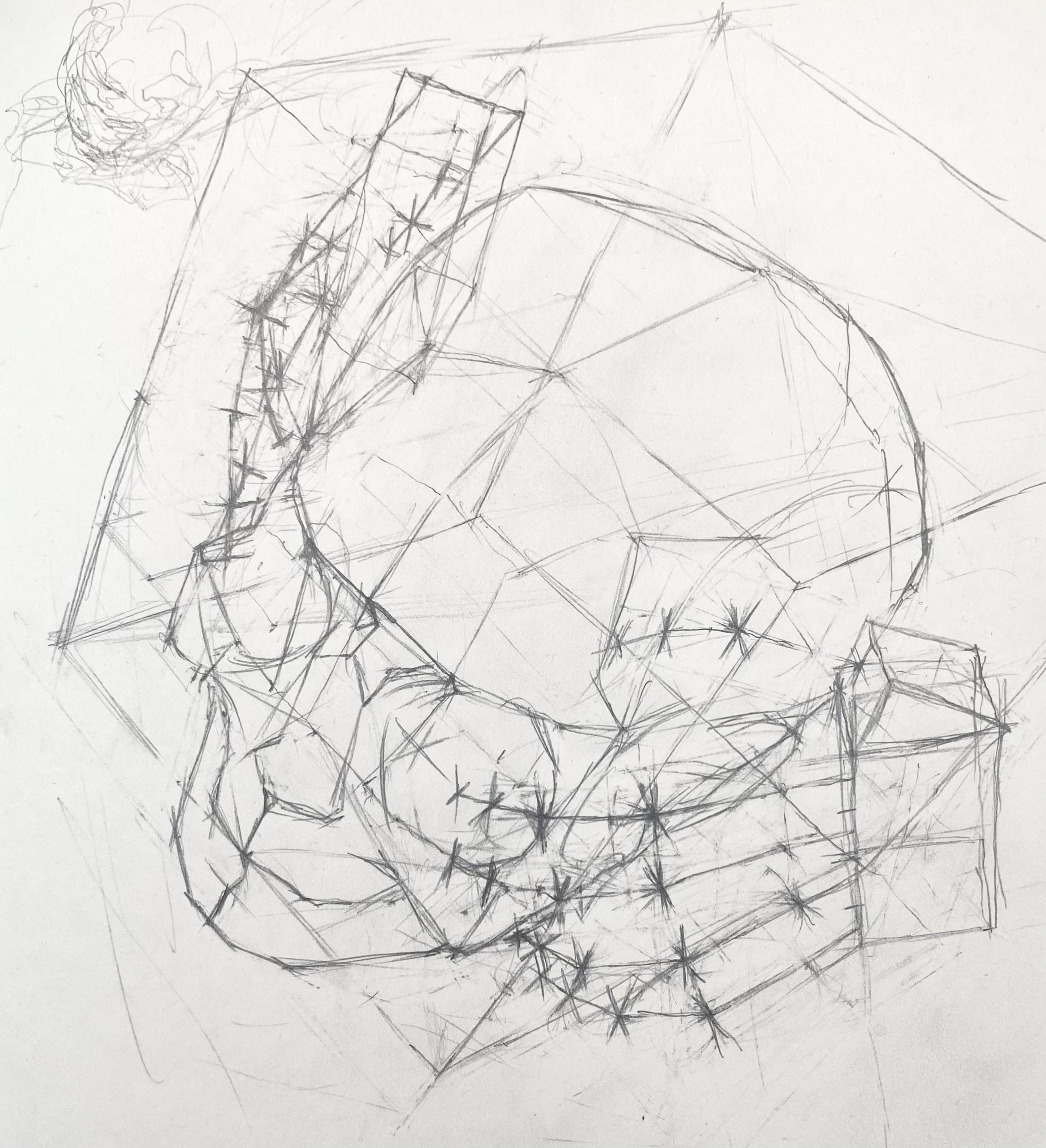 Preparatory drawing in pencil using perspective lines to construct something. It’s hard to make out but the intent is a construction of a skull and two hands