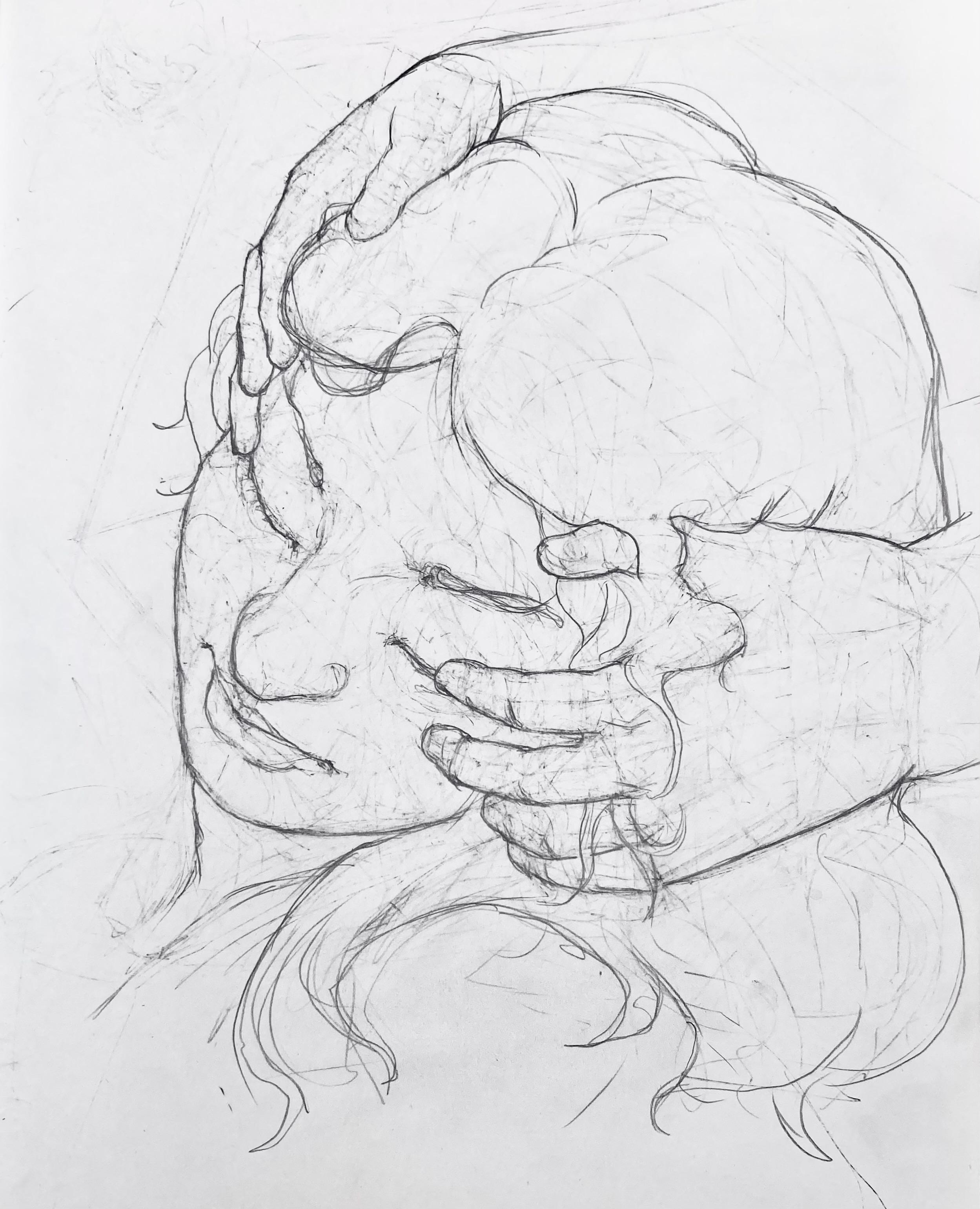 Pencil drawing of lines on a messy sketchbook page. They are depicting a female head leaned into a pair of hands