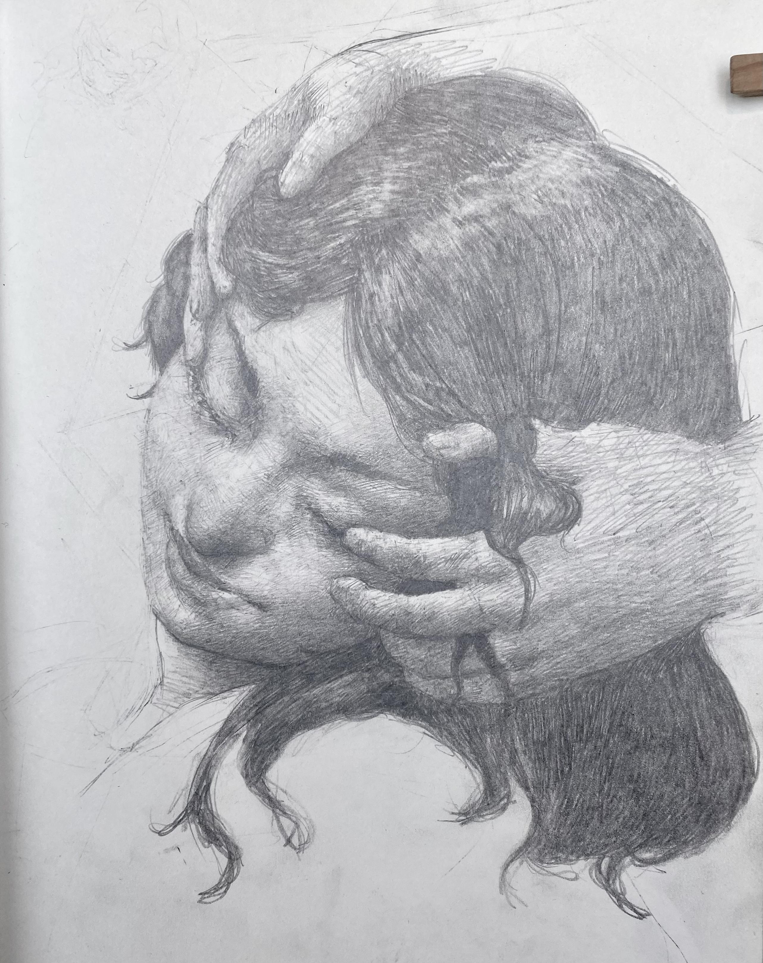Pencil drawing of a roughly rendered head with hair leaning into and supported by a pair of even more crudely rendered hands