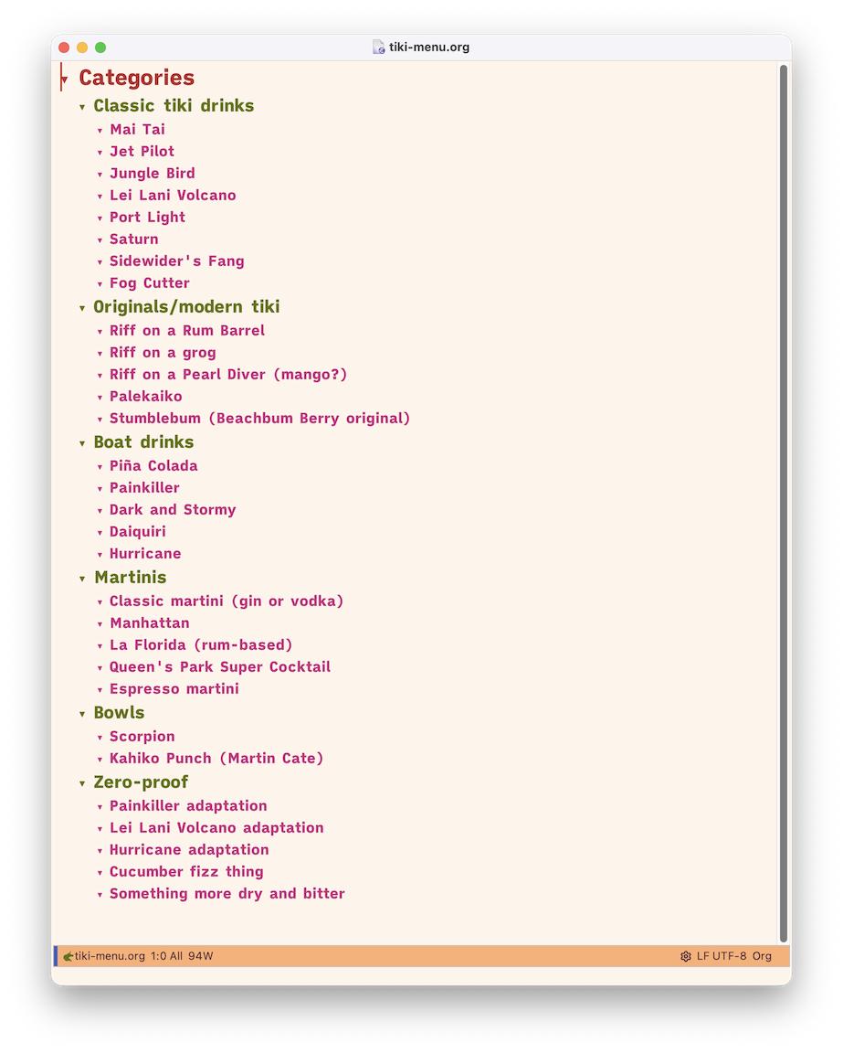 An outline showing a cocktail menu divided into “classic tiki drinks”, “originals/modern tiki”, “boat drinks”, “martinis”, “bowls”, and “zero-proof”