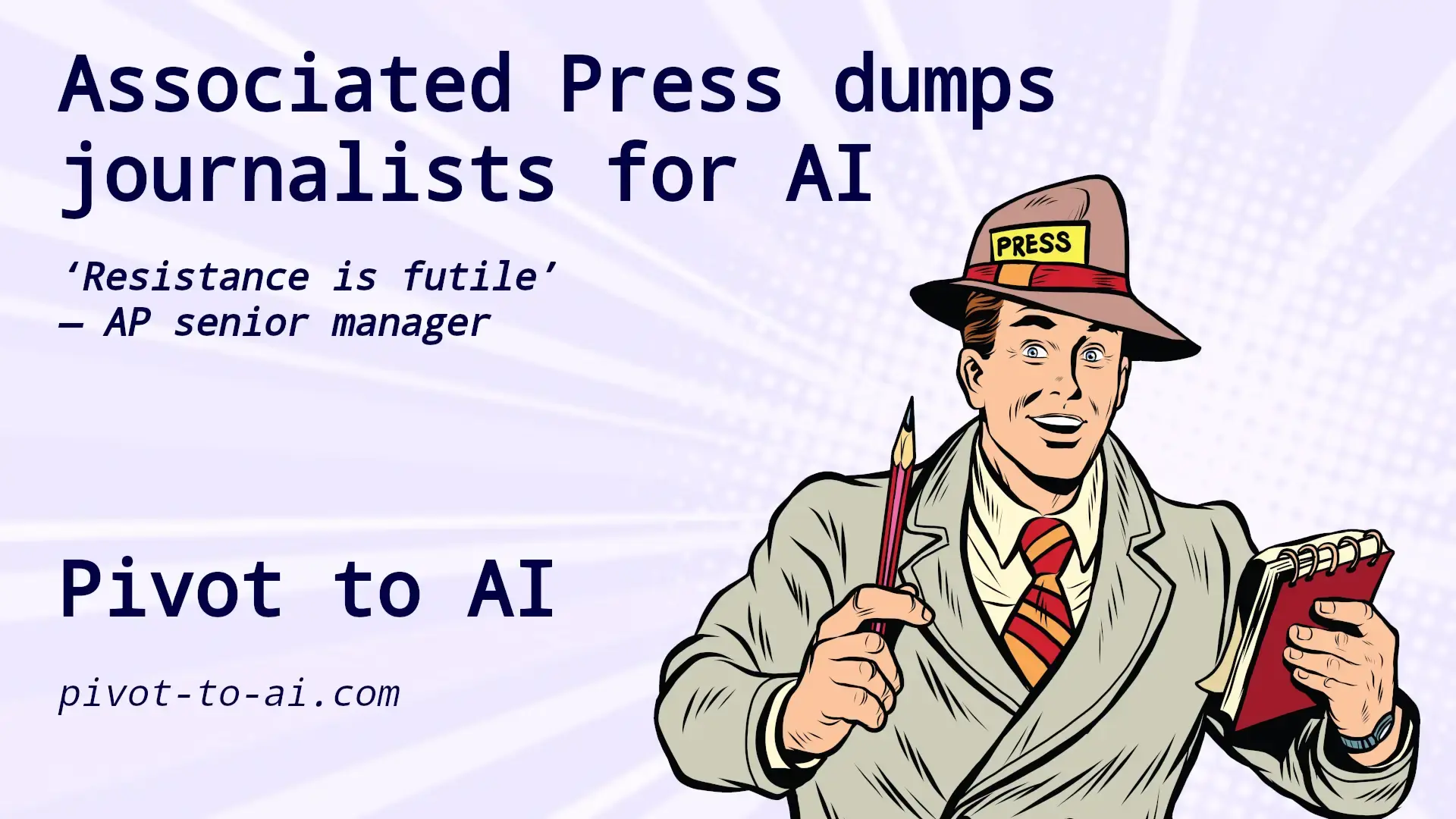 Wide eyed enthusiastic reporter stereotype with "PRESS" card in his hat