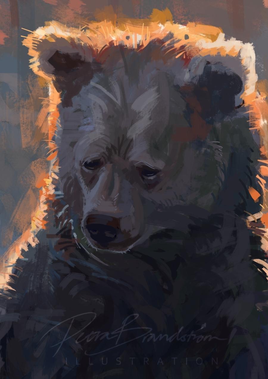 Zoom in on detail of Overslept, digital painting of a brown bear waking up in a snow covered forest. Artwork made in Krita, by Petra Brandström.