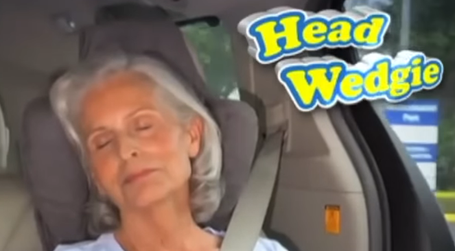 a woman with white hair is napping in a car seat with the words 'head wedgie' next to her