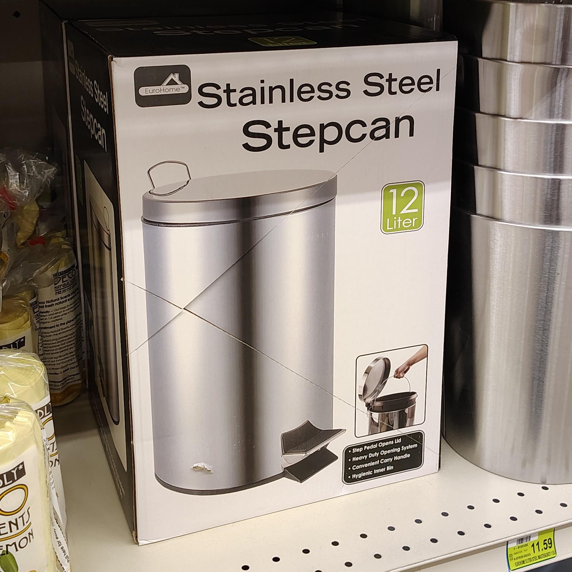 Photo of a boxed garbage can for sale on a store shelf. It's the type of can with a pedal at the bottom you step on to open the lid, and the box is labeled "Stainless Steel Stepcan."