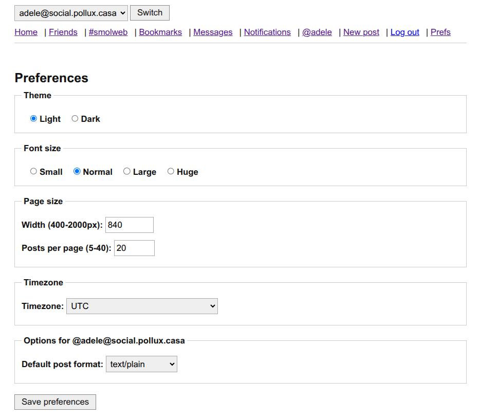 Screenshot of prefs page