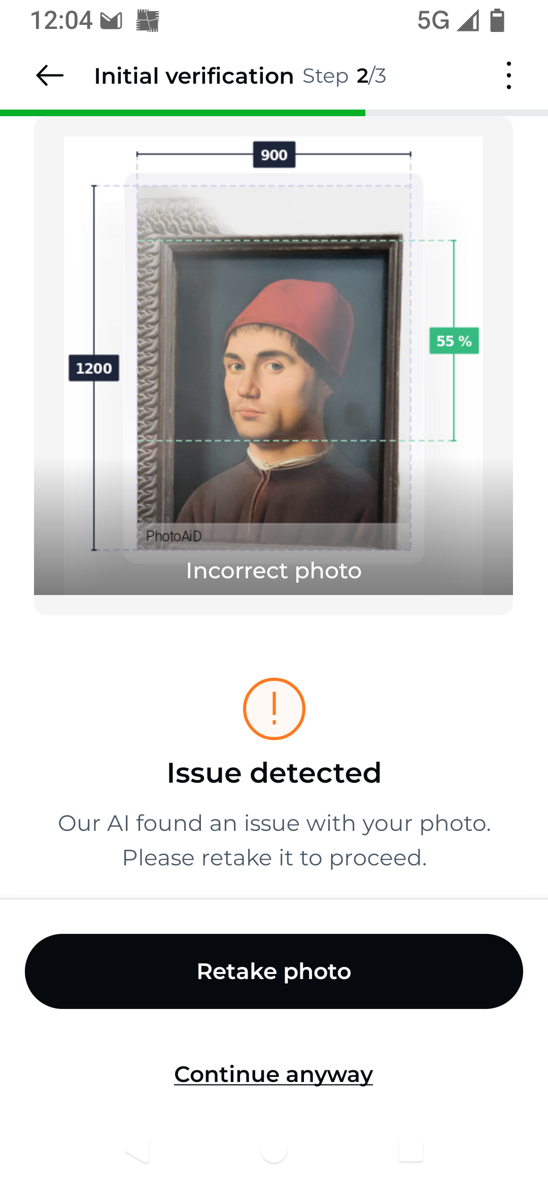 Screenshot of a passport photo checking app. The image checked is a portrait of a medieval man looking slightly sideways and wearing a red hat. A warning reads "Issue detected"