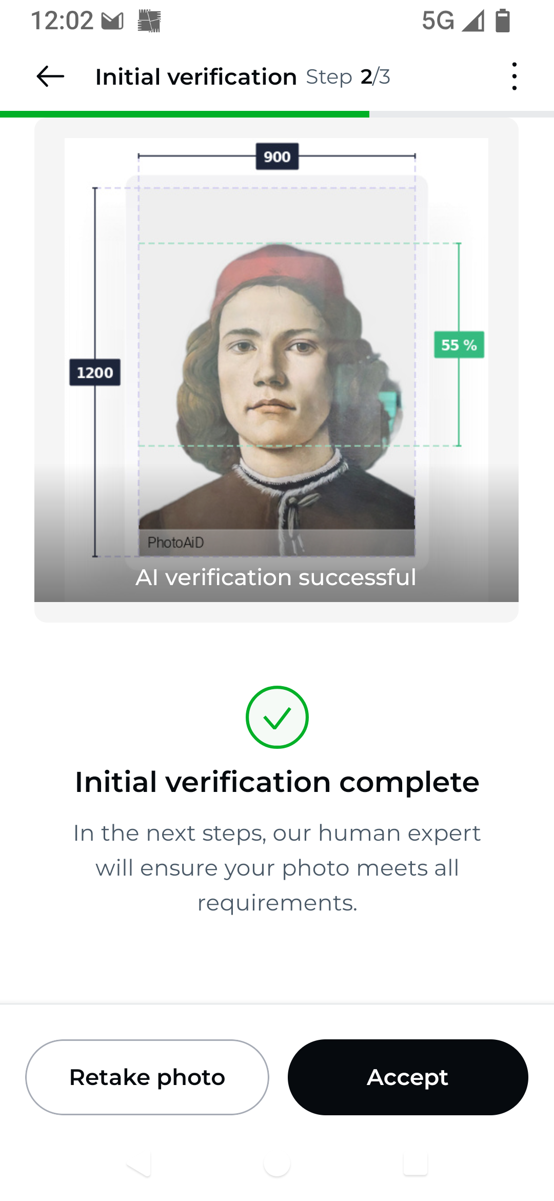 Screenshot of a passport photo checking app. The image checked is a portrait of a medieval man looking straight at the viewer. A green checkmark and the text "Initial verification complete"