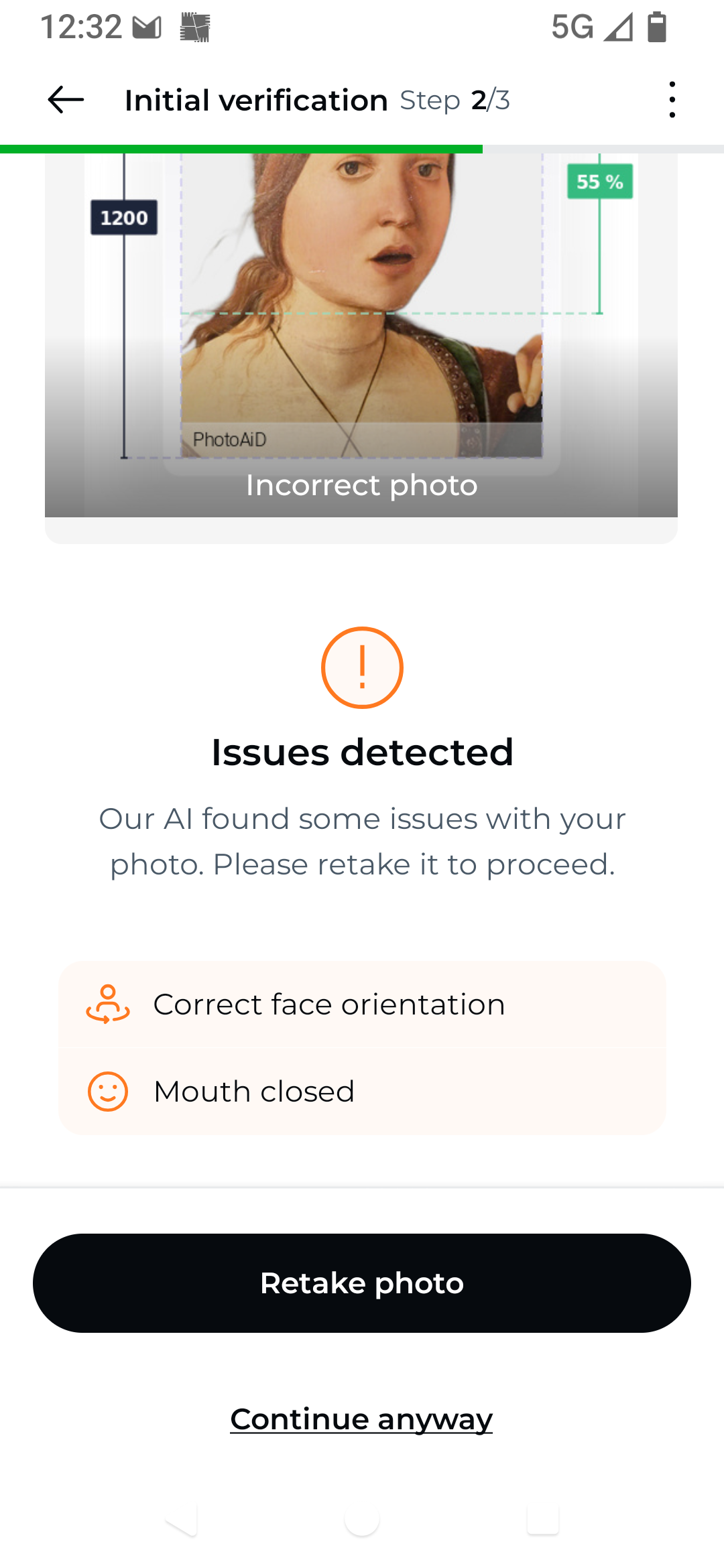 Screenshot of a passport photo checking app. The image checked is a portrait of a woman. A warning reads "Issue detected" and warns "Correct face orientation" and "Mouth closed"