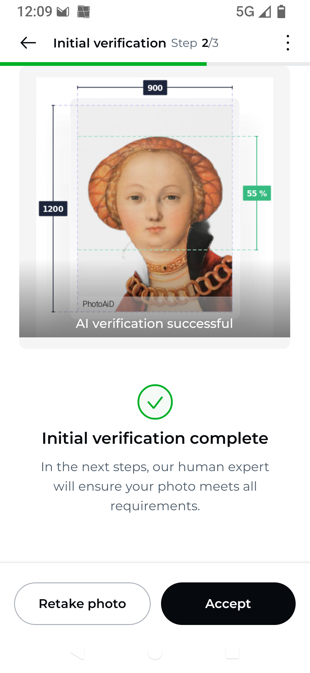Screenshot of a passport photo checking app. The image checked is a portrait of a woman looking straight forward. Text reads "Initial verification complete"