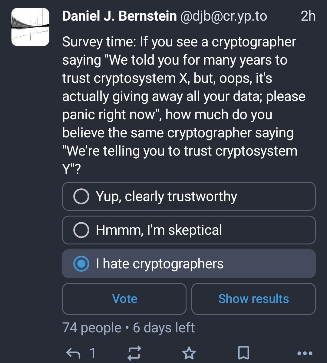 A recent poll from Daniel J Bernstein that includes "I hate cryptographers" as an option.