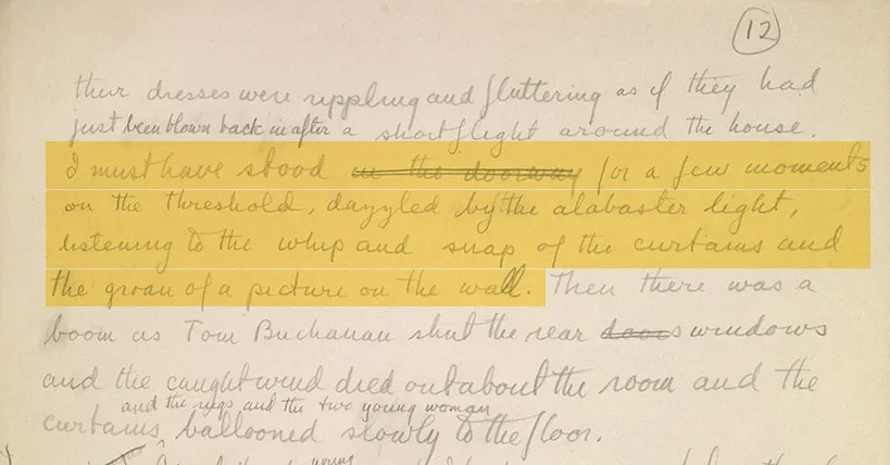 Gatsby manuscript, with highlighting over a sentence from which one line was omitted.