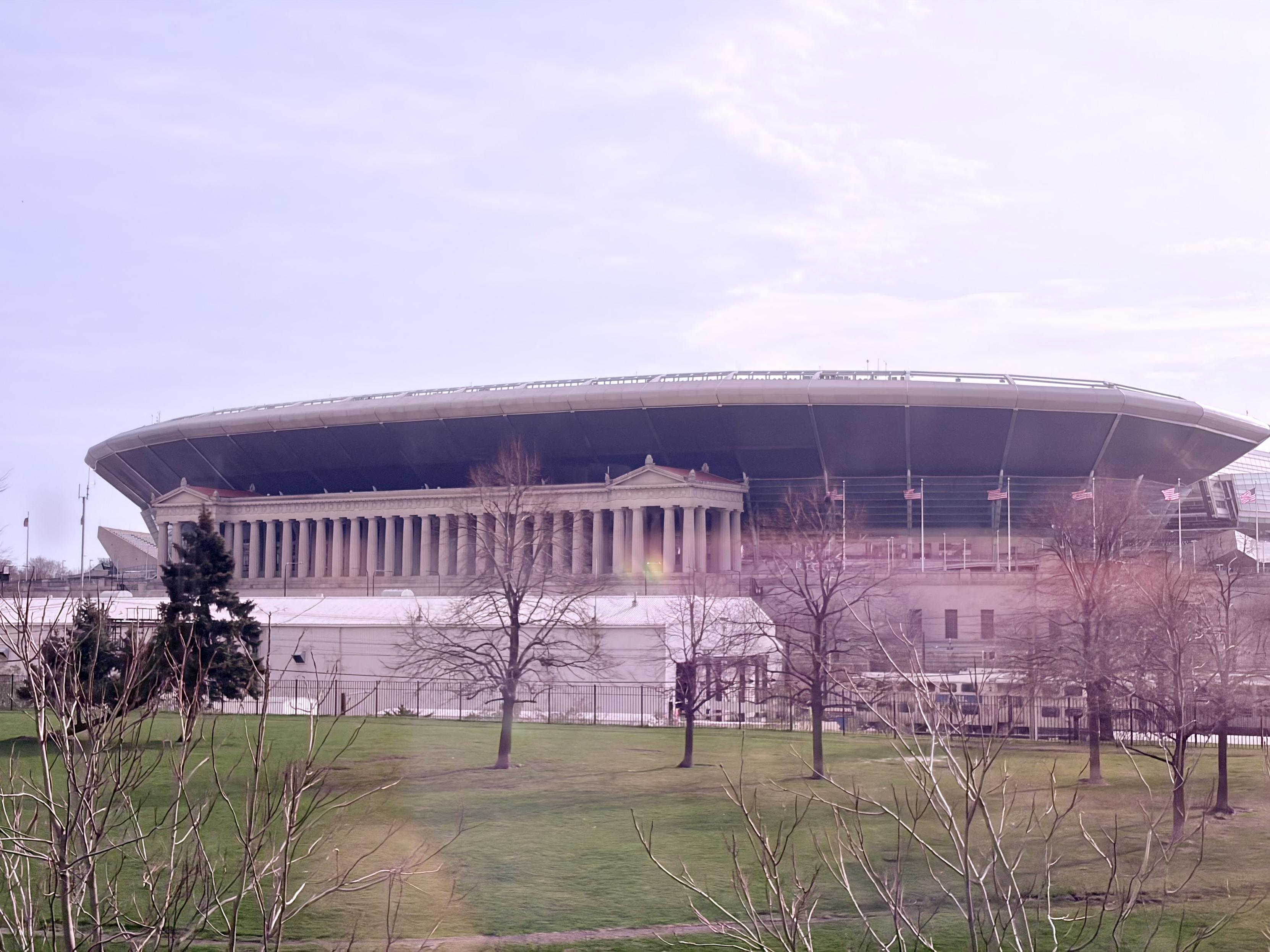 Soldier Field football stadium as seen from the window of an inbound Amtrak train.