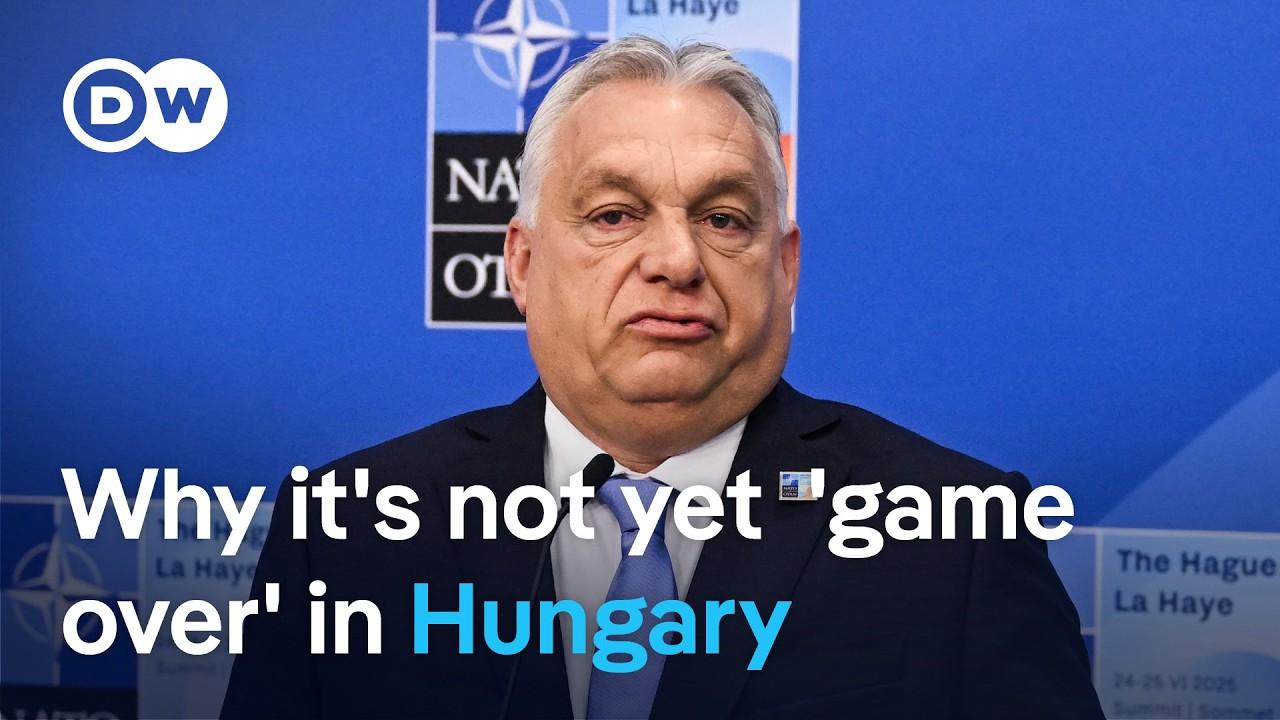 picture of a bloated old man and Why its not game over in Hungary with a DW logo in top right