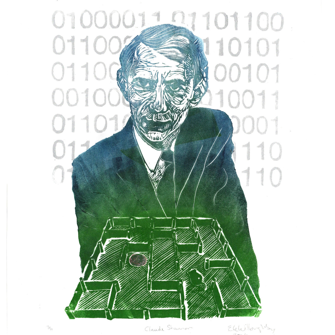 my linocut portraits of Claude Shannon: He is in very dark teal blue, facing the viewer and wearing a suit. In front of him is the maze with electromechanical mouse and copper penny in forest green. Perspective makes it look like it’s coming out toward you. Behind him are binary numbers in silver. The print is signed Ele Willoughby, titled, numbered and dated.