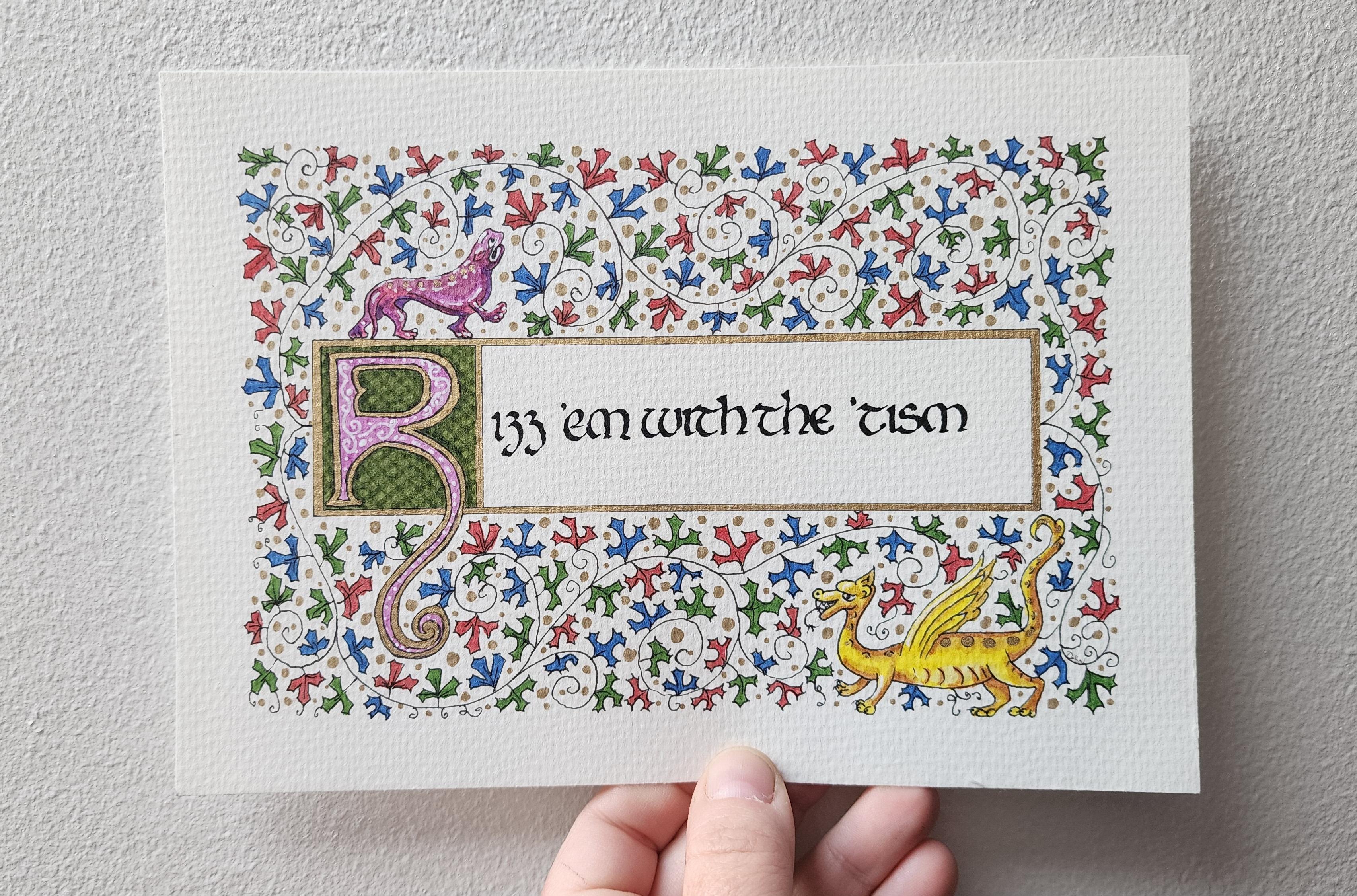 'Rizz 'em with the 'tism' calligraphed in black ink insular script, with a bigger ornate letter R. the words are encased in a thin gold border, and outside the border framing the piece there are swirling vines and leaves in red, green, and blue, with a little purple in the top left and a yellow winged creature in the bottom right.