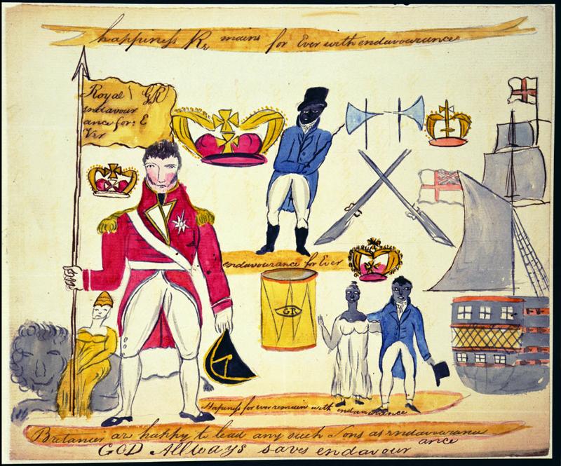 Sketch of a flag used by the Bussa rebels including the slogan "Happiness Remains for Ever with endeavourance... Britannia are happy to lead any such Sons as endeavourance and God Always saves endeavour" By The National Archives UK - God always saves endavour, No restrictions, https://commons.wikimedia.org/w/index.php?curid=20461497