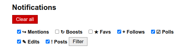 notifications filter has a checkbox for each type of notification and a button [Filter]