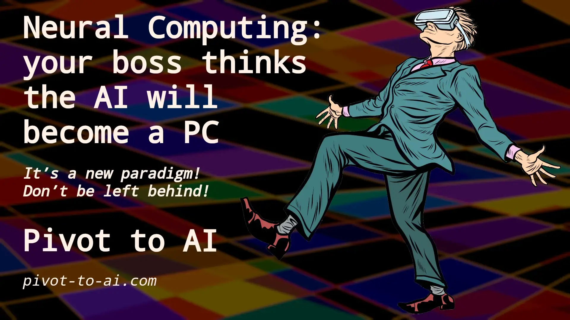 Businessman in virtual reality headset doing silly walk through a virtual space disco