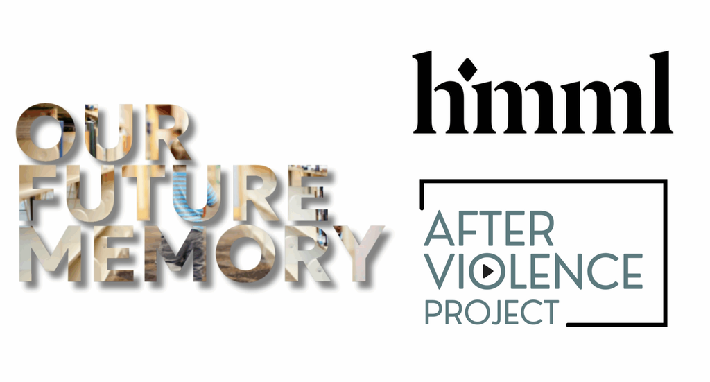 Logo with the words “OUR FUTURE MEMORY” in large letters filled with photographic imagery. To the right is Hill Museum & Manuscript Library (HMML) After Violence Project logo, with “HMML” above a boxed design containing the words “AFTER VIOLENCE PROJECT” and a small play icon.