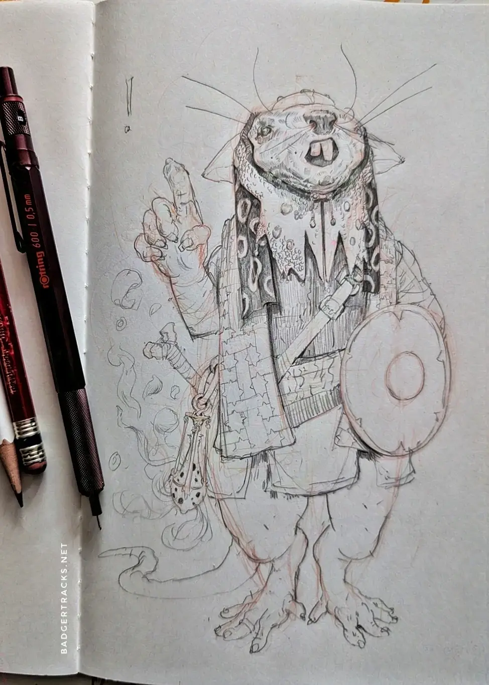 A sketchbook page showing a strange molerat like creature.